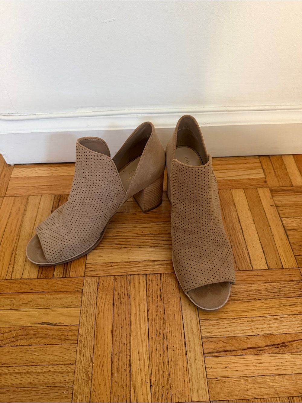 Cole Haan Taupe Perforated Peep-Toe Block Heel Booties